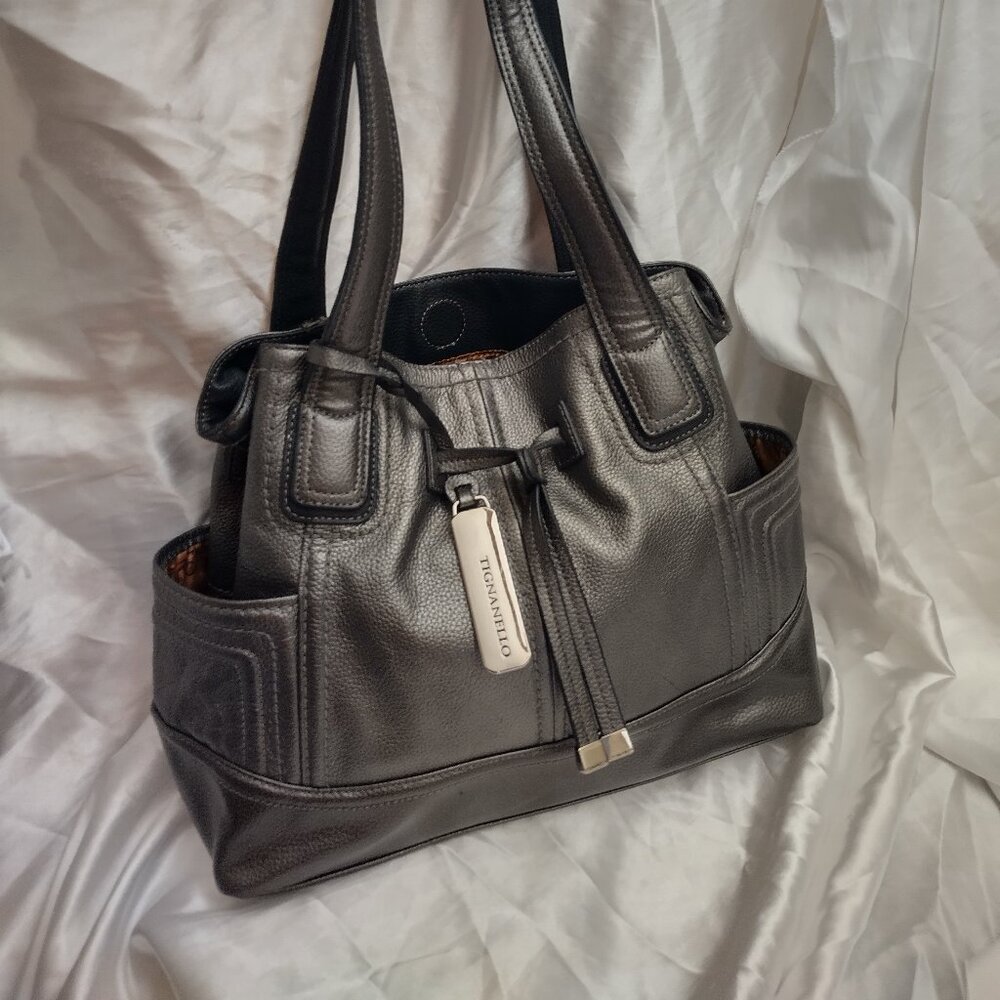 * Tignanello leather handbag, Grey Black, Large Several Pockets Long Thick Strap